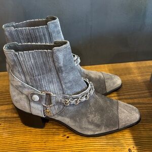 CHANEL Gray Suede Chain-Trim Ankle Booties